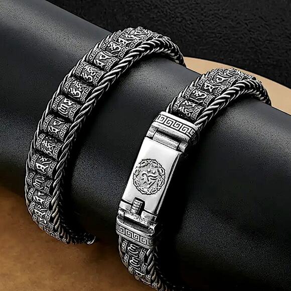 Stainless Steel Chain Link Bracelet, Mantra, Curb Hand Woven Engraved - Picture 2 of 5